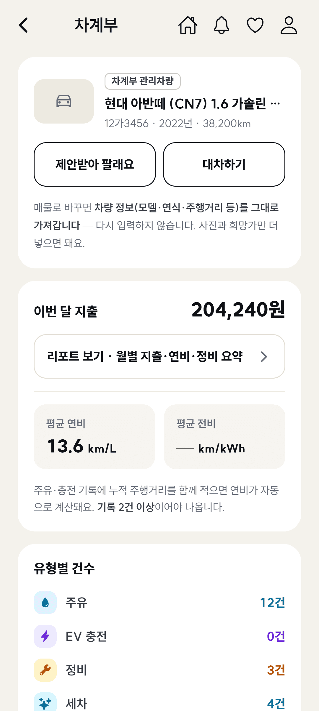 차계부 첫 화면 — 이번 달 지출, 평균 연비